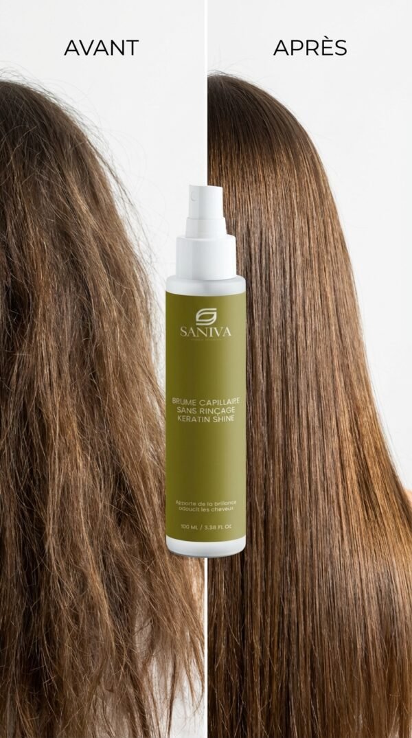Brume capillaire sans rinçage Kératine & Algues Luxe entre deux images, cheveux transformés en brillance et douceur.