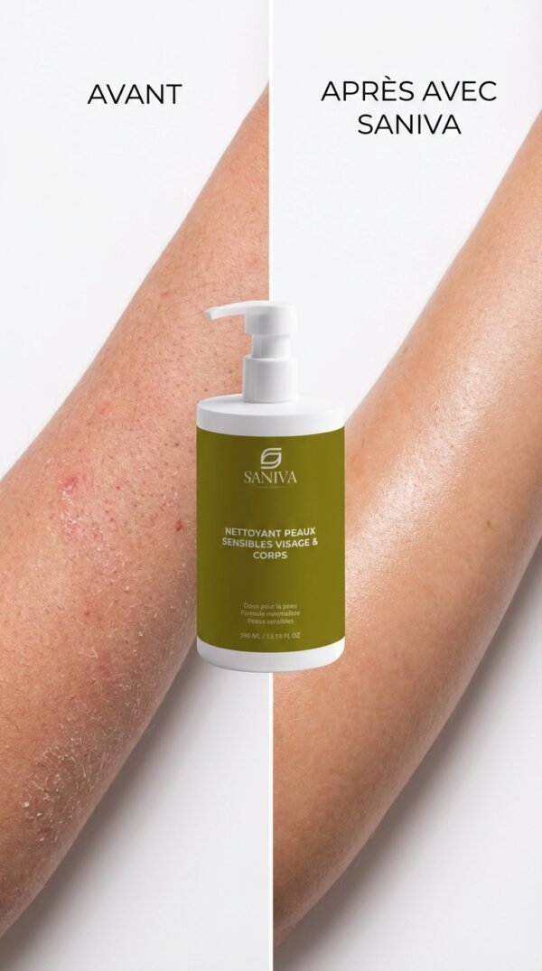 avant-apres-saniva Nettoyant Visage & Corps aux Prunes d'Or, flacon noir et doré, montrant une peau nettoyée et nourrie, idéale pour cosmétiques naturels.