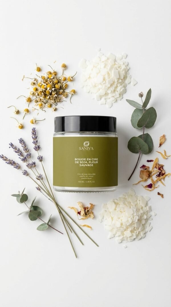 bougie-en-cire-de-soja-fleur-sauvage Bougie en cire de soja, Fleur sauvage sur fond blanc avec fleurs séchées et flocons de cire, cosmétique naturelle apaisante.