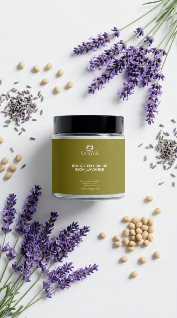 Bougie en cire de soja et lavande envoûtante entourée de fleurs de lavande et de billes de soja, ambiance apaisante et naturelle.