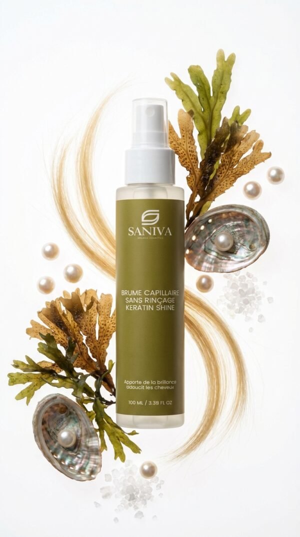 Brume capillaire sans rinçage Kératine & Algues Luxe sur fond minimaliste, entourée d'algues et de perles brillantes.