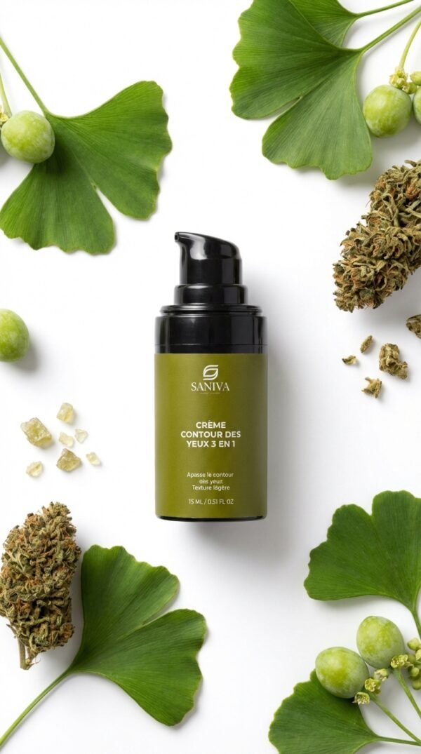 creme-contour-yeux-3-en-1 Crème contour des yeux 3 en 1 Cannabidiol et Ginkgo au look élégant entourée de feuilles vertes et de détails naturels.