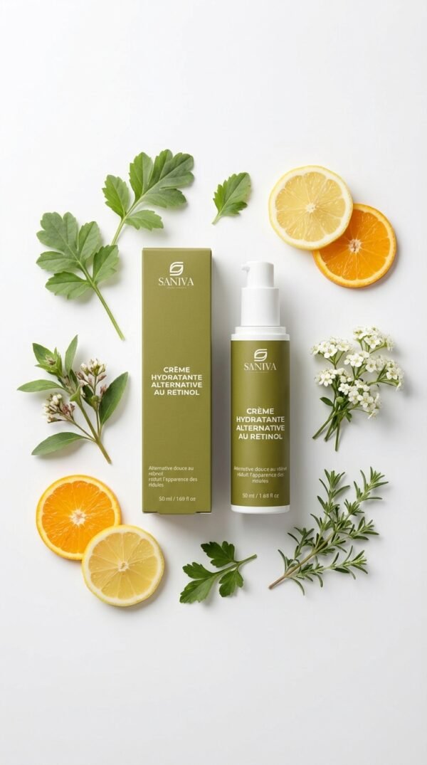 Crème hydratante alternative au rétinol avec vitamine C, entourée d'agrumes et d'herbes fraîches, cosmétique naturelle.