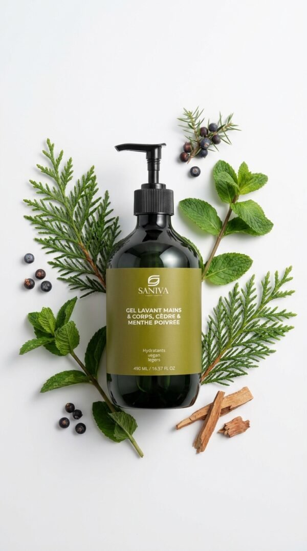 Flacon noir de gel lavant Cèdre & Menthe Poivrée entouré de feuilles de menthe, conifères et écorces, ambiance fraîche et naturelle.