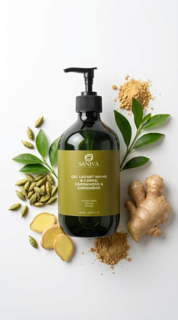 Gel Lavant Cardamome & Gingembre Enivrant sur fond neutre, présentant une bouteille verte avec pompe, symbole de soin cosmétique naturel.