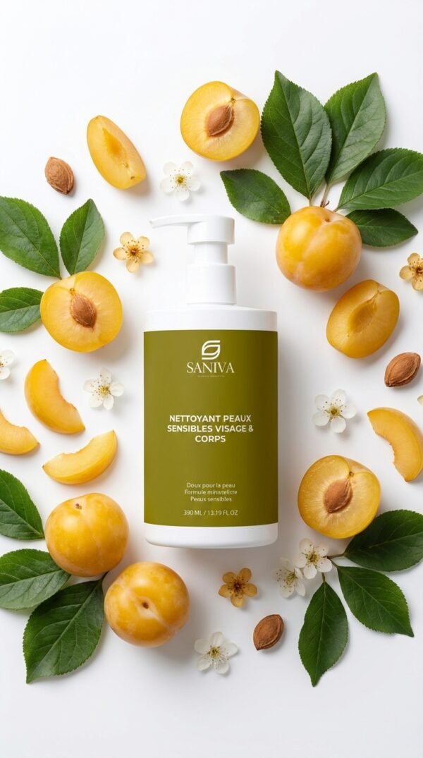 nettoyant-peaux-sensibles-visage-corps Nettoyant Visage & Corps aux Prunes d'Or sur fond clair, entouré de fruits et de fleurs, révélez une cosmétique naturelle apaisante.