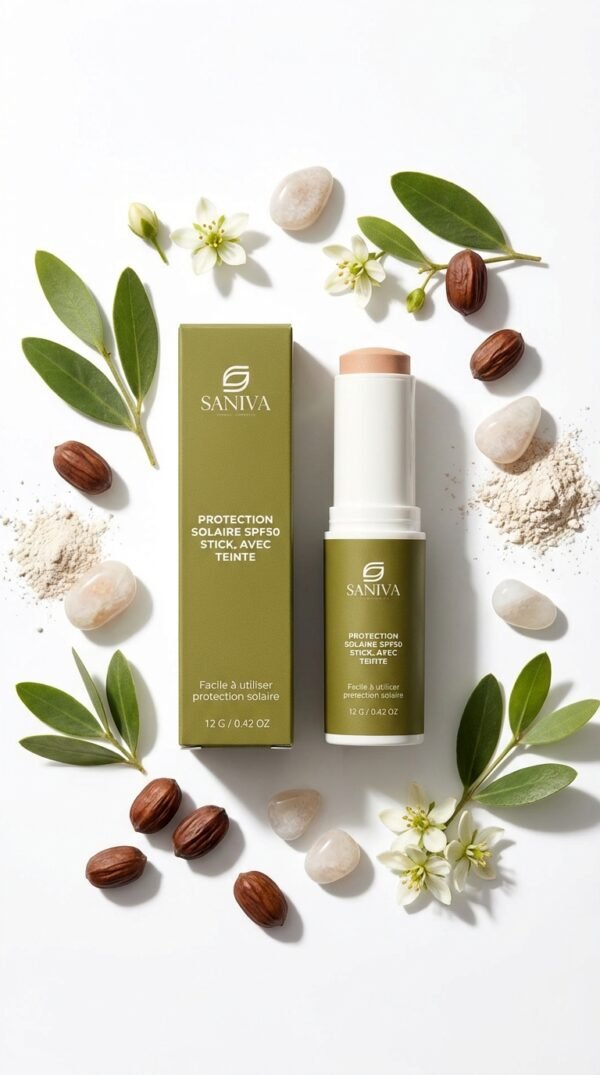 Stick solaire minéral à l'huile de jojoba, packaging vert, entouré d'ingrédients naturels pour une protection solaire douce.