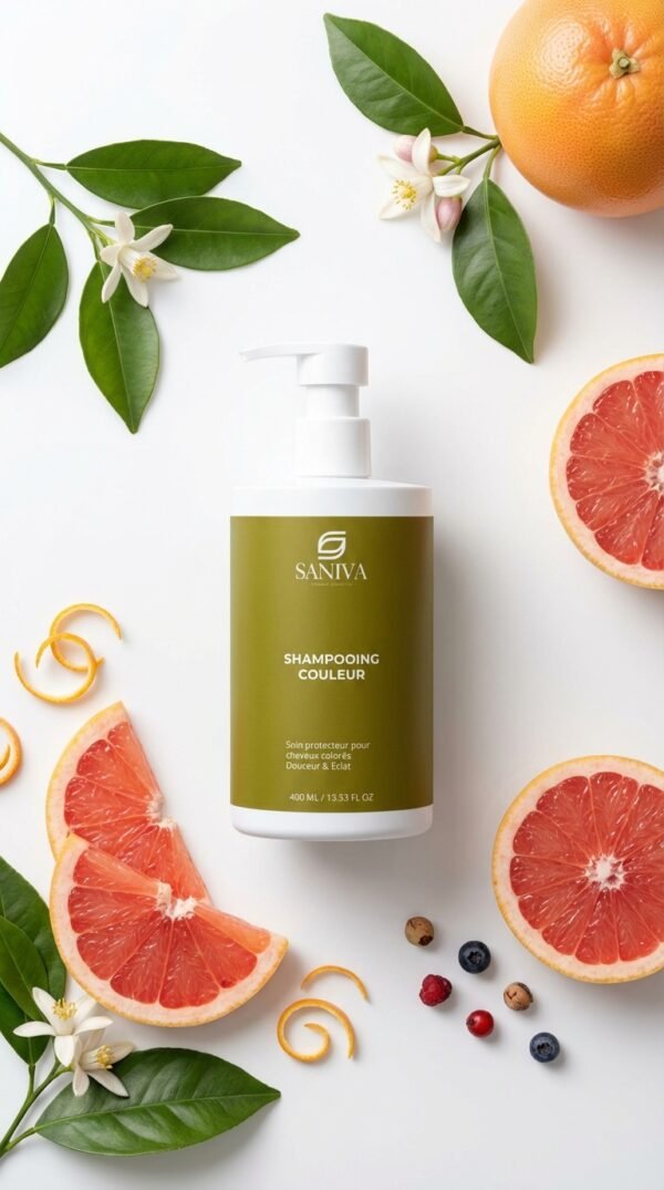 Shampooing Protection Couleur Éclat de Pamplemousse entouré de tranches de pamplemousse et de feuilles vertes, cosmétique naturelle.