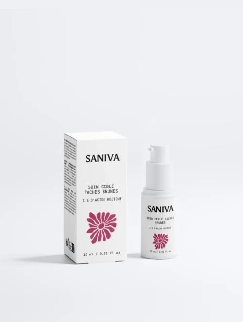 Soin Ciblé Taches Saniva, flacon pompe 15 ml, acide kojique 1 % Soin ciblé taches brunes Saniva, Soin Ciblé Taches à l'acide kojique 1 %, flacon pompe 15 ml